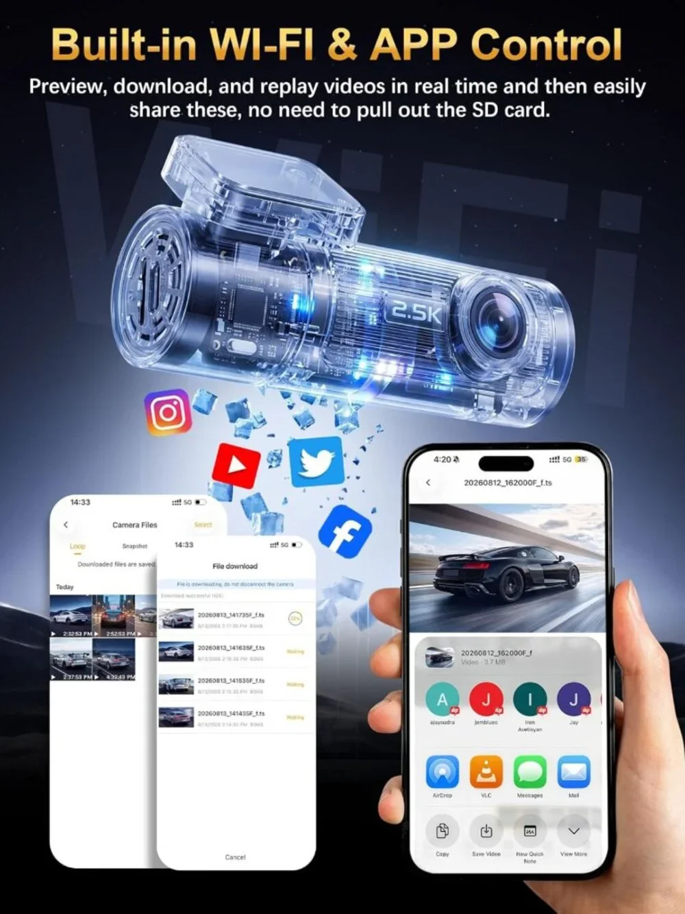 2.5K Front Dash Cam with WiFi, 64GB Card, Mini Size, Easy App Access